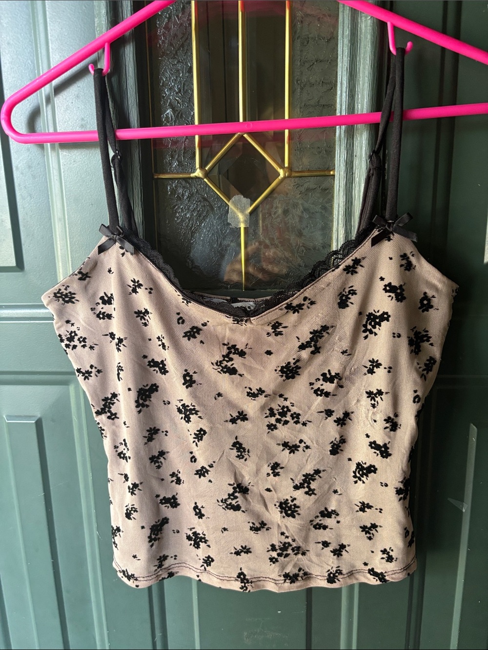 Beige Floral-Print Lace-Trim Tank Top